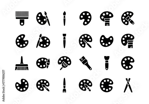 Collection of minimalist black silhouette icons featuring painter's tools, with different art palettes and paintbrushes for creative design