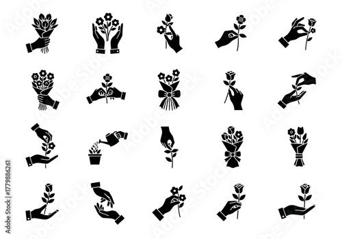 Glyph icon collection of hands holding flowers. Vector symbols for giving a bouquet, romantic gestures, and floral gifts