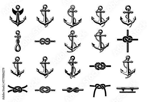A comprehensive collection of vintage nautical icons, showcasing various anchor designs and intricate maritime rope knots for marine themes