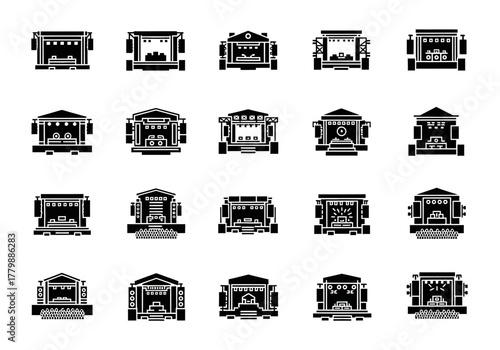 Set of black glyph icons representing various concert and music festival stages. Vector design elements for entertainment and performance concepts