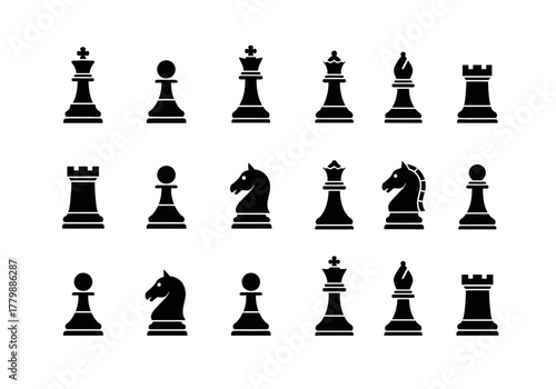 Black silhouette vector icon set of standard chess figures for hobby and strategy game graphic design
