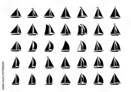 A diverse collection of black glossy sailboat vector icons. Set of isolated maritime yacht and sailing symbols for nautical design