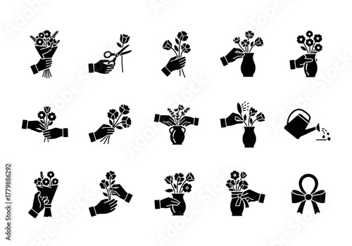 Flower arrangement and bouquet creation glyph icon set, showing hands caring for florals and giving a gift, a thoughtful design 2j (208)