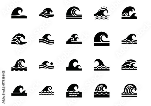 A collection of black glyph icons representing ocean waves, sea currents, and surf symbols. Simple vector silhouette set for water-related design elements