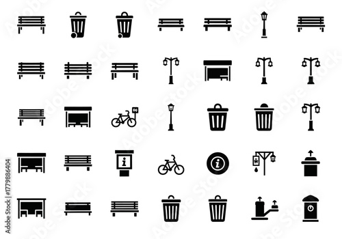 Collection of urban infrastructure and city park amenity icons. Vector glyph set of public street furniture symbols