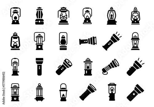 A comprehensive set of solid glyph icons depicting various types of lanterns and flashlights for camping and emergency use