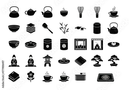 A collection of icons representing traditional Japanese tea ceremony elements, teaware, matcha tools, and cultural symbols in a simple glyph vector style