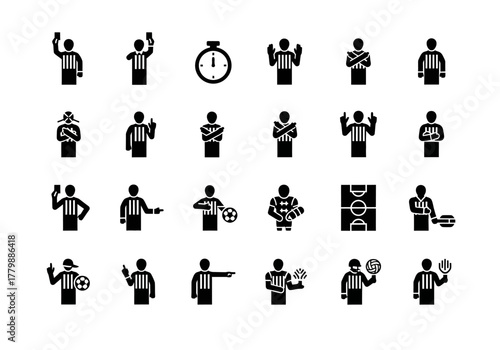 A collection of black glyph icons representing sports referee hand signals, game rules, and official gestures for athletic competitions