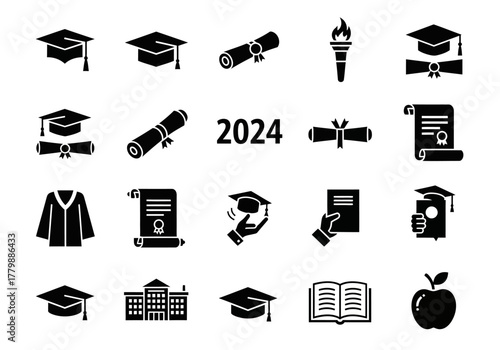 Set of graduation 2024 glyph icons. Academic symbols including mortarboard, diploma, gown, and university building for educational design
