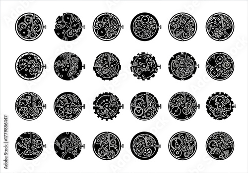 Vector set of various abstract mechanical circles. A collection of intricate steampunk style clockwork and gear illustrations