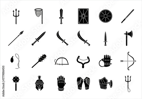 A collection of monochrome glyph icons representing ancient gladiator and military weapons, armor, and combat equipment