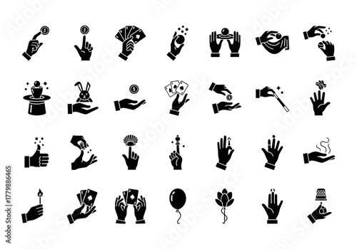 A collection of solid black glyph icons representing various magic tricks, illusionist performances, and sleight of hand gestures