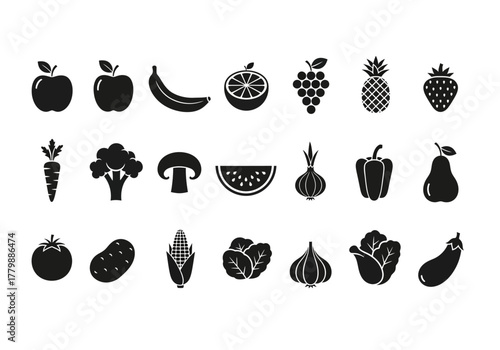 Set of solid black glyph icons representing healthy food, fruits, and vegetables like apple, broccoli, and corn, isolated on white
