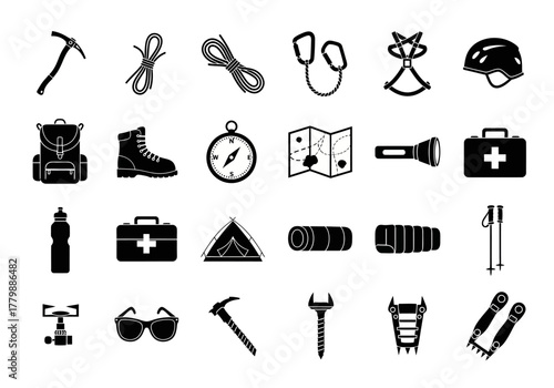 A comprehensive set of black silhouette icons for mountaineering and hiking equipment. Vector collection for climbing and outdoor adventure