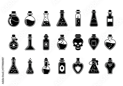 A diverse collection of magic potion bottles, poison vials, and alchemy lab flasks presented as a set of monochrome glyph icons