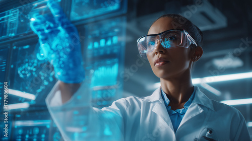 Black female medical professional reviewing patient data on transparent holographic screen with an AI interface displaying analytics, concept of using AI technology in healthcare