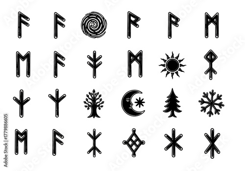 Collection of ancient Scandinavian Viking runes from the Elder Futhark alphabet alongside various esoteric pagan symbols