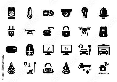Smart home technology and internet of things vector glyph icon set. Simple pictograms for automation, security, and control