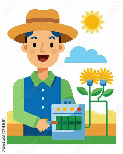 A farmer smiling as they use a simple control panel to adjust the flow of water from their solarpowered irrigation system allowing for customized watering based on crop needs.. Vector illustration