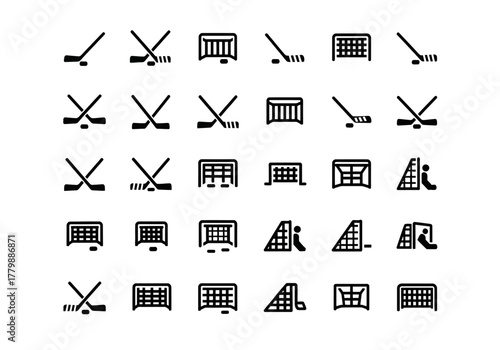 Vector collection of ice hockey sport equipment icons. A set of simple glyphs featuring sticks, pucks, and goal nets for design