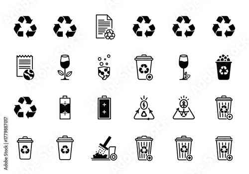 A collection of solid black glyph icons for web and graphic design, featuring symbols for recycling, waste management, and environmental awareness