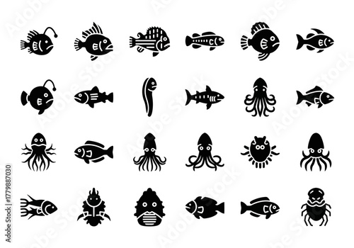 Monochrome icon collection of diverse sea creatures and aquatic life. Vector glyphs of fish, octopus, squid, and shark symbols for design