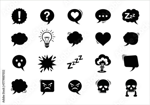 A diverse collection of black communication and emotion icons, featuring speech bubbles, thought clouds, and comic book symbols. Vector graphic set 2j (286)