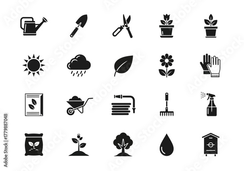 A versatile set of black glyph icons representing gardening tools, plant growth, and agriculture concepts. Perfect for web design, infographics, and farming applications