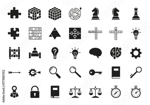 A versatile collection of solid glyph icons representing concepts of logic, strategy, and intellectual problem-solving