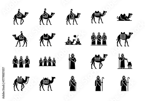 Set of glyph icons depicting a biblical journey with figures on camels and desert travelers. Collection of ancient caravan symbols