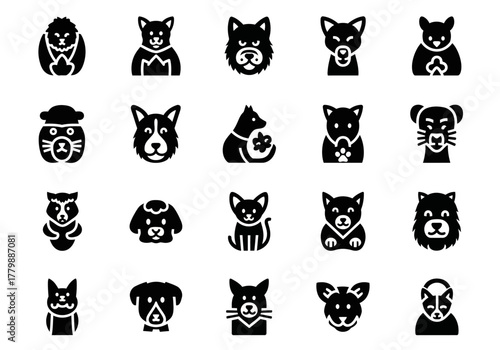 A collection of animal glyph icons featuring various pet head avatars. This vector set includes dogs, cats, and other wildlife symbols