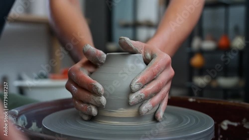 Hands Crafting Clay Pot on Pottery Wheel