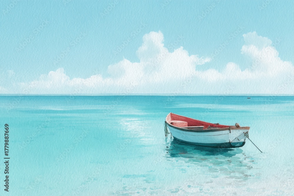 Naklejka premium watercolor illustration of small boat on calm turquoise sea, pastel blue sky, peaceful escape