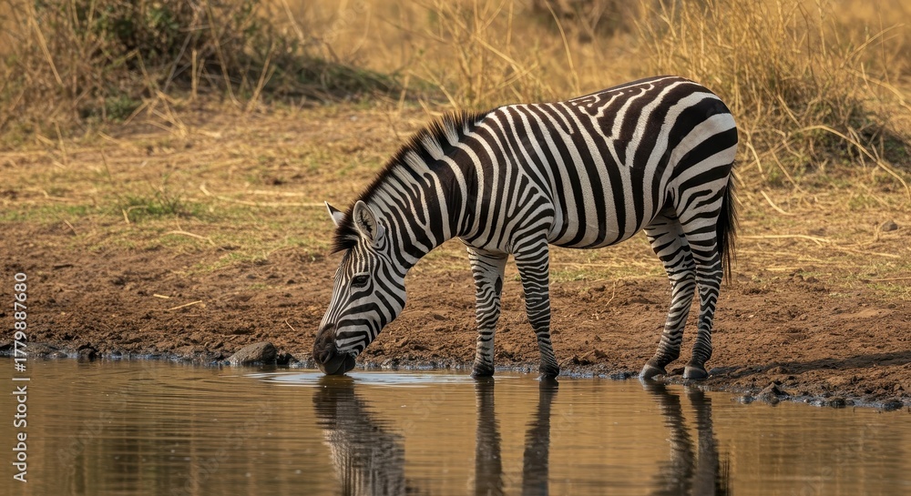 Obraz premium A beautiful wild zebra stands drinking cool water from a gently flowing river, showing off its classic black and white stripes in the warm savanna light ,ungulate, resting, environment