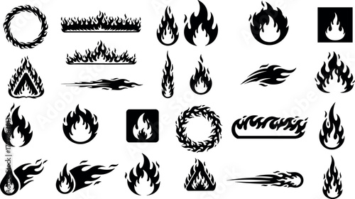 Fire flame icons collection in black silhouette style for graphic design, labels, and decorative vector illustration elements 
