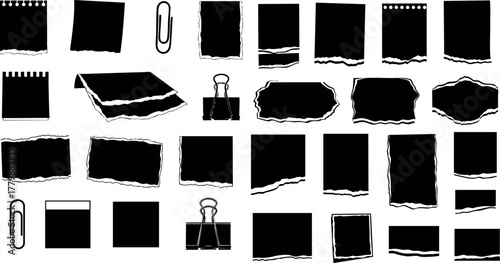 Torn paper note shapes with binder clips paper clips and notepad elements for creative vector design projects 