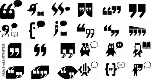 Quotation mark and speech bubble icon set with book, owl, person, and curly brace elements in black vector style 