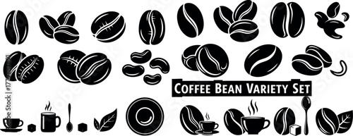 Coffee bean variety set with cups, mugs, leaves, and spoons in black silhouette vector illustration 