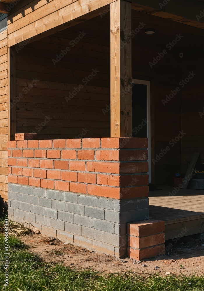 Fototapeta premium A sturdy foundation element supporting the weight of a wooden porch structure using stacked red brick and mortar construction ,construction ,detail ,masonry