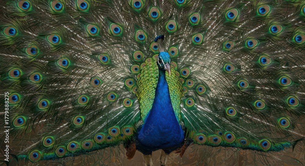 Fototapeta premium An intensely vibrant and detailed artistic depiction of a majestic peacock showcasing its elaborate, multicolored plumage in thick paint texture ,gold ,animal ,artwork