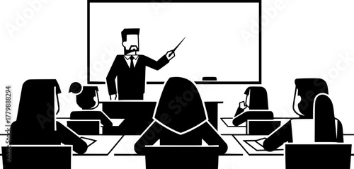 A teacher is teaching students in a classroom setting
