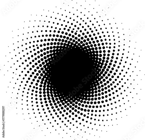 A swirling vortex of black dots on white background silhouette
