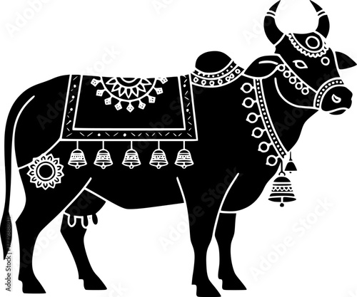 Decorated indian cow with ornaments in black outline silhouette
