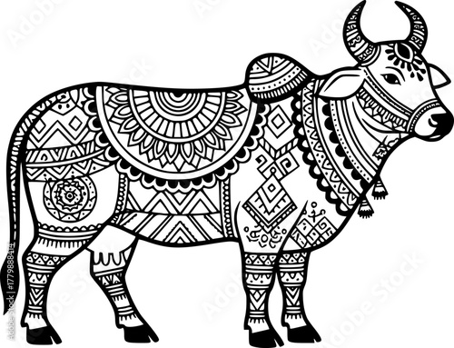 Decorated indian cow with ornaments in black outline silhouette
