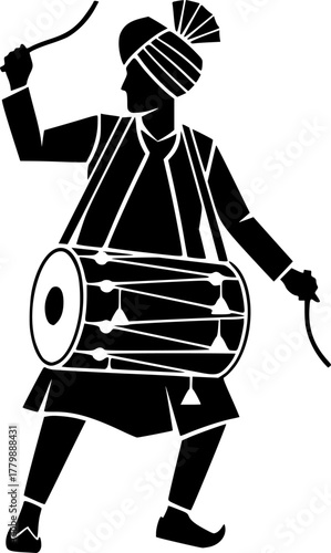 Man playing dhol with turban and traditional clothes silhouette
