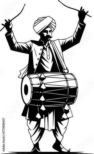 Man playing dhol with turban and traditional clothes silhouette
