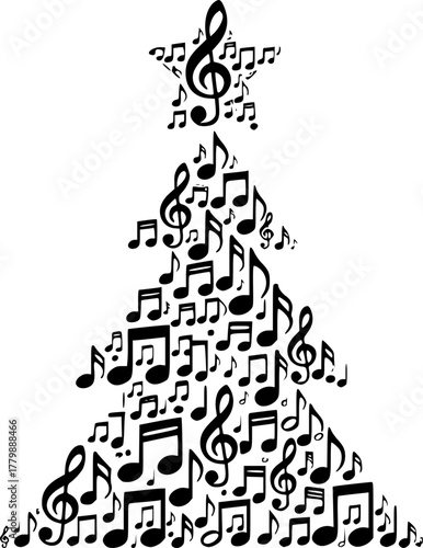 Christmas tree made of musical notes with star on top silhouette
