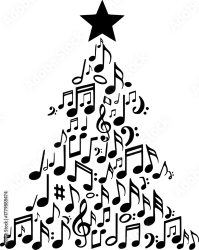 Christmas tree made of musical notes with star on top silhouette
