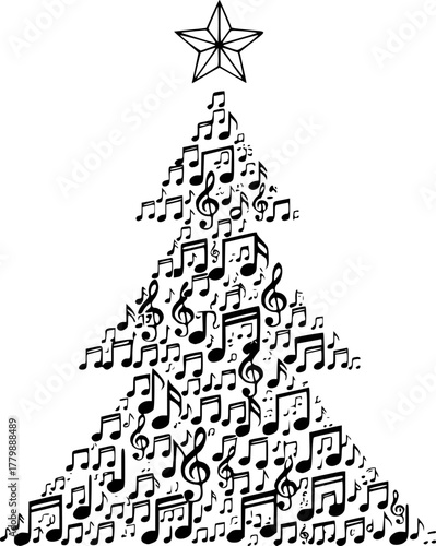 Christmas tree made of musical notes with star on top silhouette
