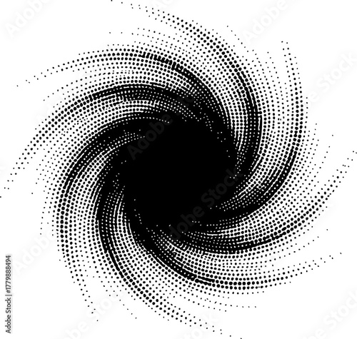 A swirling vortex of black dots on white background silhouette
